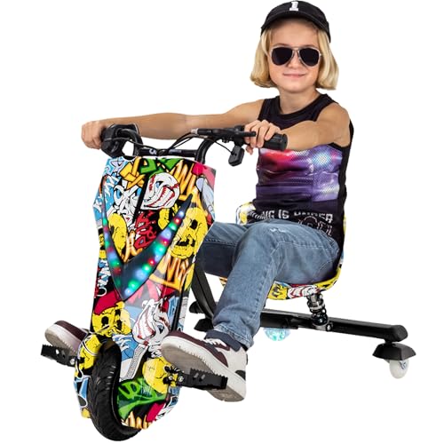 Actionbikes Motors Kinder Elektro Driftscooter | Watt Motor - Drift Cart 360- 3 Geschwindigkeitsstufen - LED-Beleuchtung - Sitz verstellbar - Bluetooth - Drift Kart - Drift Auto (Grafit Gelb)