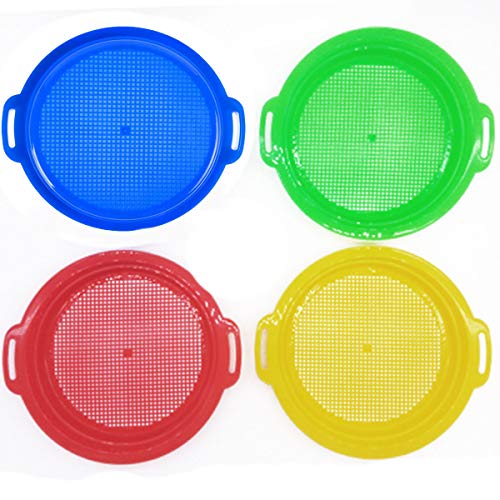 Beach Toys Jumbo Thick Sand Sifter Rock Sieves Shell Finding Toys Kit Gear Gardening Garden Gold Panning Kit Adventure Tools Digging Toy Durable ABS Complete Gift Set Bundle Kids Boys Girls(4 Pack)