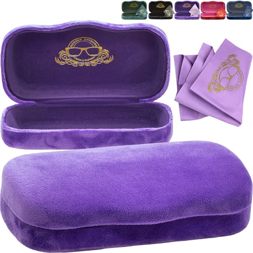 Modern Eyewear Large Hard Shell Glasses Case with Cleaning Cloth - Purple Velvet Protective Eyewear Case for Sunglasses & Reading Glasses - Lightweight, Crush-Resistant - Design for Men & Women