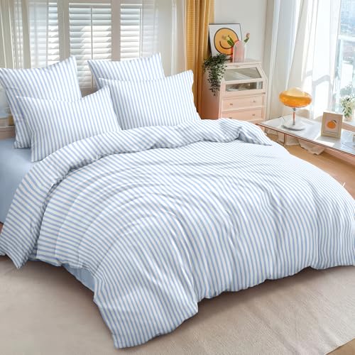 Image of Nayoroom Blue Striped Duvet Cover Full Size White Stripe Duvet Cover Dorm Bedding Set 3 Pieces Soft Lightweight Washed Microfiber Farmhouse Bedding Set Gifts for Women Men