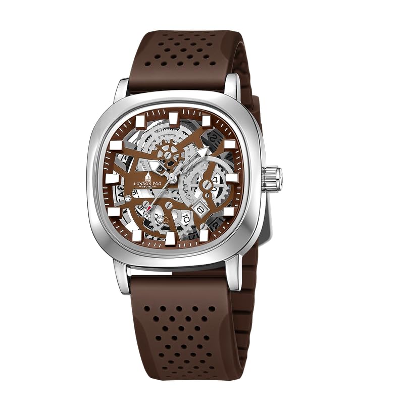 Image of London Fog Strand Collection Skeleton Style Quartz Watch for Men with Cushion Shaped Case, Date Display, Luminous Hands & Baton Hour Markers and Perforated Silicone Strap - LFM10026