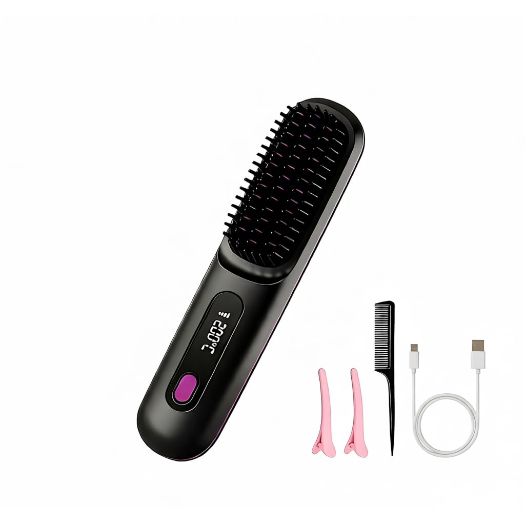 Spazzola piastra lisciante per capelli senza fili, 3-in-1 piastra elettrica con display LED e protezione in ceramica, ricaricabile USB, spazzola da viaggio portatile per capelli corti e lunghi 160-200