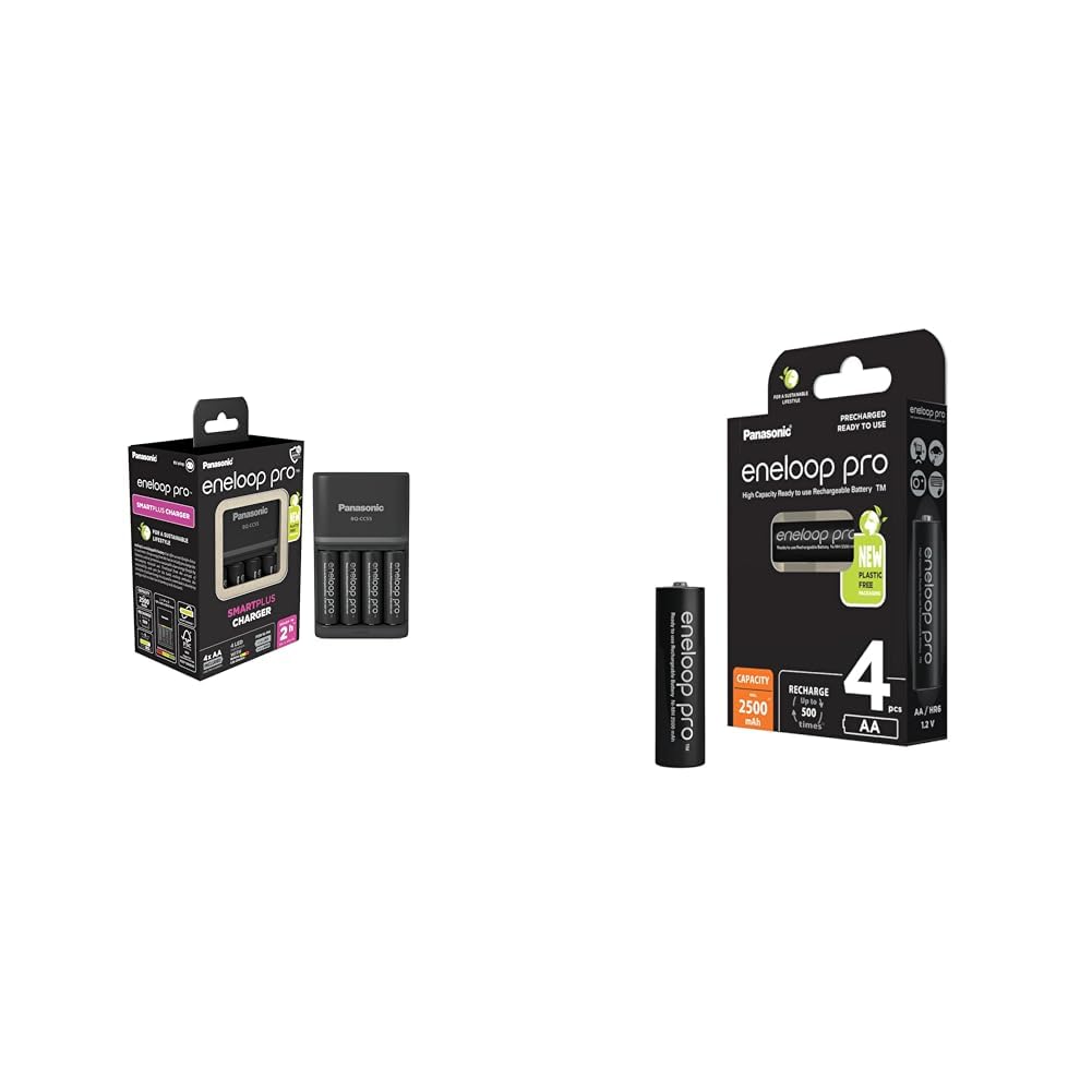 eneloop Pro SmartPlus Cargador, para 1-4 Pilas Recargables AA/AAA, 2h de Tiempo de Carga & Pro, Pilas Recargables AA/Mignon, Paquete de 4, Capacidad de mín. 2500 mAh