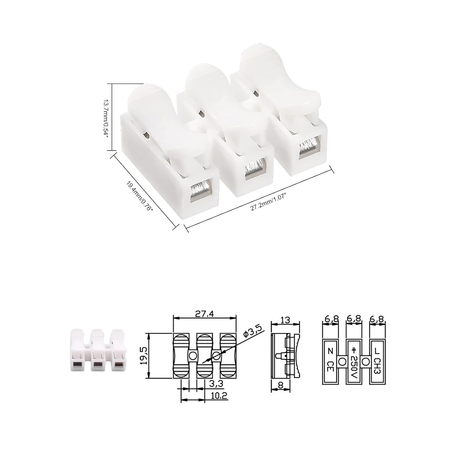 100 Pcs Connector Blocks Electrical, CH-3 Quick Wire Connectors, 3-Pin Terminal Block Spring Wire Connectors - Image 2
