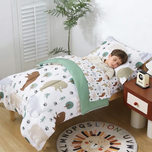 Image of lasoftan Toddler Bedding Set, Toddler Bed Comforter Sets for Girls, Toddler Bed Set, Forest Bear Printed