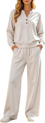 50% off promo code for Sweat Suits For Womens 2 Piece Workout Oversized Button V Neck Fall Lounge Set Wide Leg Pants Tracksuits Outfits on Amazon