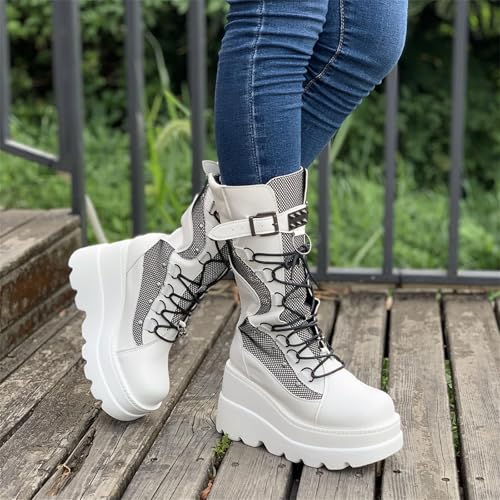 Women's Platform Boots Round Toe Lace-Up Chunky Zip High Heel Combat Wedge Ankle Boots Waterproof Motorcycle Boots4