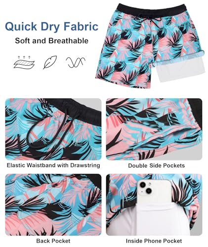 Image of Mens Swim Trunks with Compression Liner 2 in 1 Quick Dry Swimming Shorts Swimwear Bathing Suits with Pockets