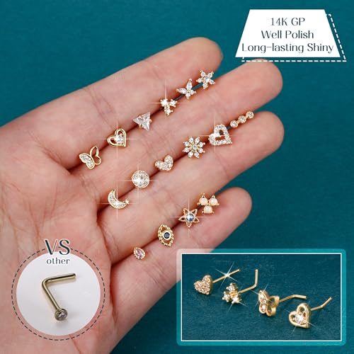 YADOCA Gold Nose Rings Studs for Women - 20G Surgical Steel Nose Ring L Shaped Nose Piercing Jewelry Hypoallergenic CZ Heart Nose Studs Silver Rose Gold 16Pcs3