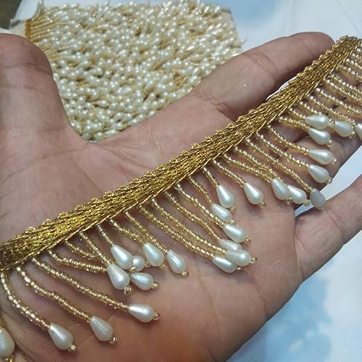 Decorative Pearl Beaded Fringe Trim, Gold and Cream, Hanging Tassel Zig-Zag Lace for Lehenga, Saree, Blouse,Dupatta Baby Dress, Decoration, Bags, Women Chouse Lace (Cream, 2 Meter)-picture-14