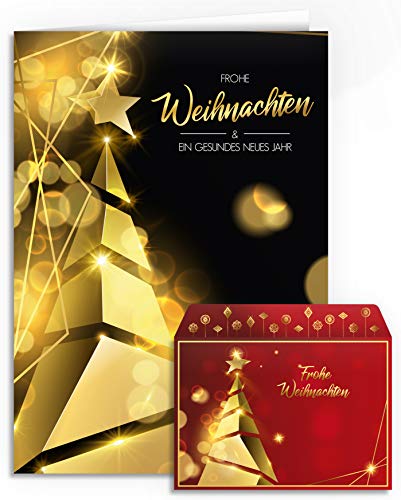 Weihnachtskarten mit Umschlägen - 20 Stück | Christbaum Design - Modern | Für Familie, Freunde & geschäftlich | Edel Weihnachtskarten-Set Gold Klappkarten mit Umschlag Set Rot Schwarz Tannenbaum Cover