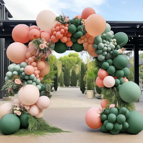 Sage Green Peach Balloon Arch, Double Stuffed Dusty Green Pastel Orange Blush Nude Matte Balloon Garland Kit for Baby Shower Birthday Fall Pumpkin Bridal Wedding Party Decoration