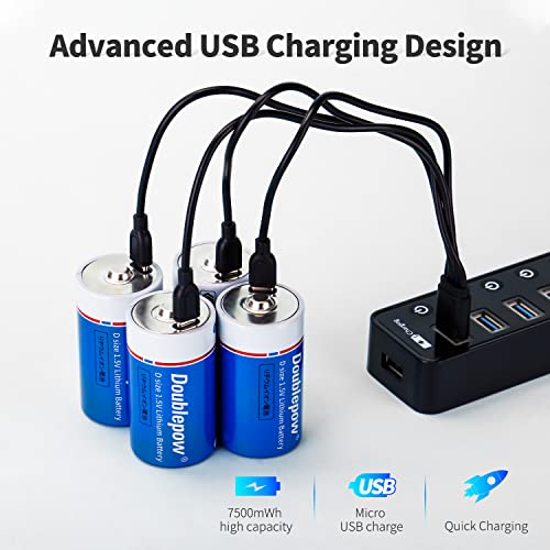 Doublepow D Rechargeable Lithium Batteries 7500Mwh D Cell Battery,1.5V D Li-Ion Cells With Charging Port,4 Pack #TOP2