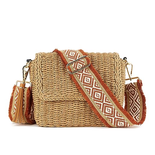 Women's Summer Straw Braided Crossbody Bag with Tassel Chain,Shoulder Straps Woven Beach Handbag Handmade Wallet Purse