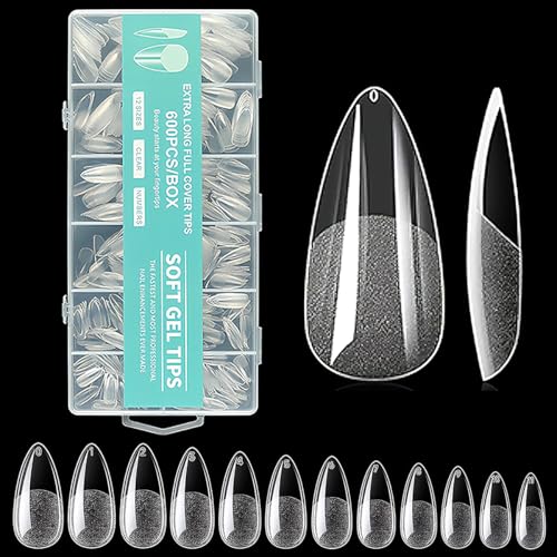 False Nail Tips 600Pcs Pre-shaped Clear False Nails Full Cover Acrylic Fake Nails with Case Labeled NumbersPress on Soft Gel Nail Tips for Extension DIY Salon Home Use Art Gift for Women 12 Size