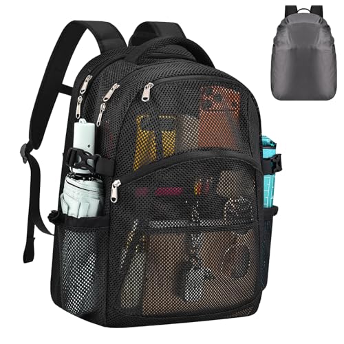 ZOOOR Mesh Backpack Heavy Duty See Through Backpack for School Semi-transparent Net Bookbag Large Mesh Bookbag With Padded Shoulder Straps for Beach Swimming Sports Work Travel Black