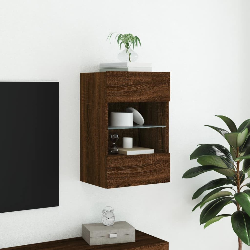 Wandschrank met LED Verlichting, Bruin Eiken, 40x30x60,5 cm - Zwevend TV Meubel met RGB LED, Opbergkast voor Woonkamer, Slaapkamer, Wandgemonteerde Multimedia Kast met Glazen Plank