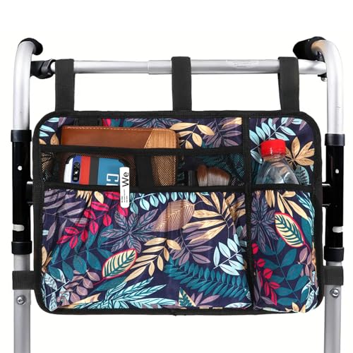 Walking Frame Bag with Cup Holder Hands-Free Storage Caddy for Folding Walker Rollator & Zimmer Frame (Leaf)