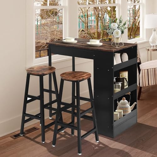 ROYAL POLAR Bar Table and Chairs Set Wooden Counter Height Table Set with 2 Bar Stools, Industrial Bar Table Set with 3 Tier Adjustable Storage Shelves