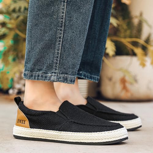 MILDSEVEN Casual Men's Fashion Canvas Shoes, Simplicity Traditional Chinese Linen Shoes, Handmade Comfortable Retro Loafers,9.5,Black 5