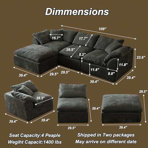 Image of Cloud Couch Sectional for Living Room, Modular L Shaped Boneless Sofa with Chaise, Compressed No Assembly Couch, Deep Seat Chenille Upholstered Convertible Sofa Bed (Black)