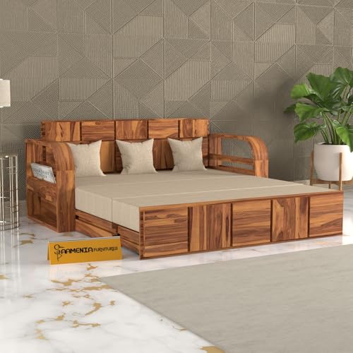 Image of Mamta Furniture Solid Sheesham Wood Sofa Cum Bed with Storage for Living Room Bedroom | Wooden Diwan Sofa Set with Mattress Support | Honey Finish Durable Design