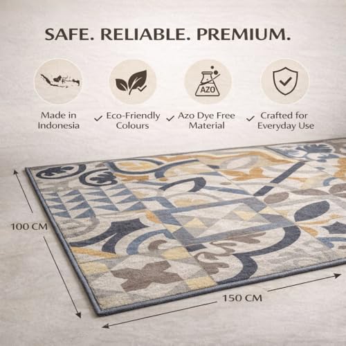 Image of Matz&More Tiles Earth Rug | 100x150 CM | Beige Pastel | Soft Nylon Loop Pile with Anti-Slip Gel Backing | Living Room, Bedroom & Office Floor Carpet