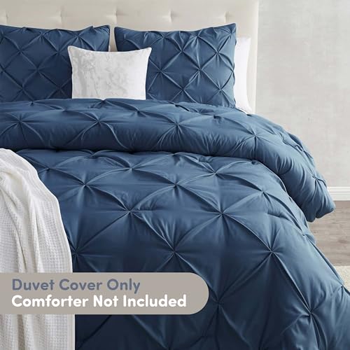 Image of Nestl Twin Duvet Cover Set Navy Blue - Soft Double Brushed Duvet Set with Button Closure & Corner Ties, 2 Piece Luxurious Pinch Pleated Duvet Cover Set 68x90 Inches with 1 Pillow Sham