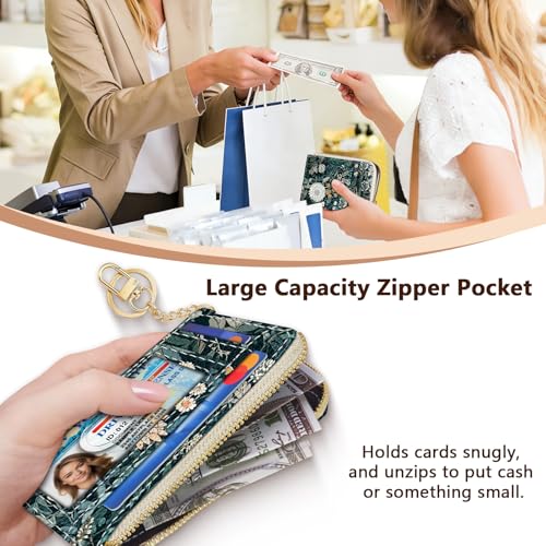 Image of GIANCOMICS Slim Wallet Credit Card Holder Women, Vintage Weeds Floral Rfid Small Card Case, Keychain Thin Pocket Curved Zipper Wallet, Travel Card Holder PU Leather ID Window, Ladies Female Gifts