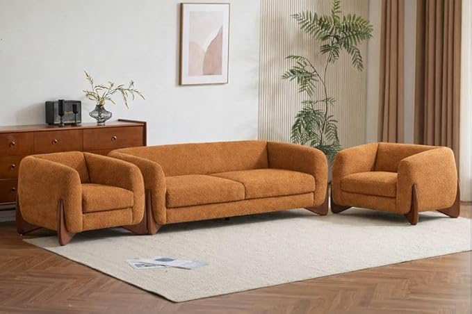 Image of Upholstered 5 Seater Sofa Five Seater Sofa with Wooden Legs 3+1+1 Seater Sofas Set for Living Room Hotels & Offices (Boucl Camel 3+1+1 Sofa Set)