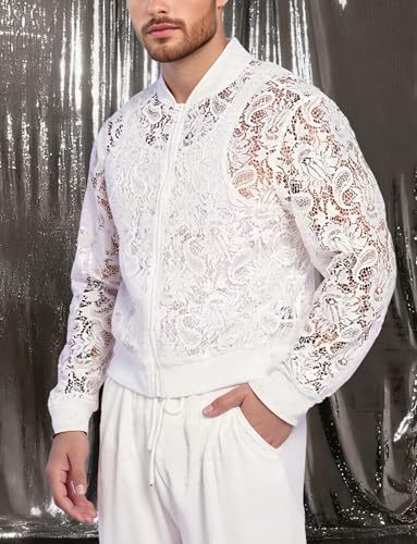 AIEOE Herren Mesh Shirt Durchsichtig Party Hemd Sexy Unterhemd Netz Clubwear Festlich Lace Jacke Weiß Größe XL