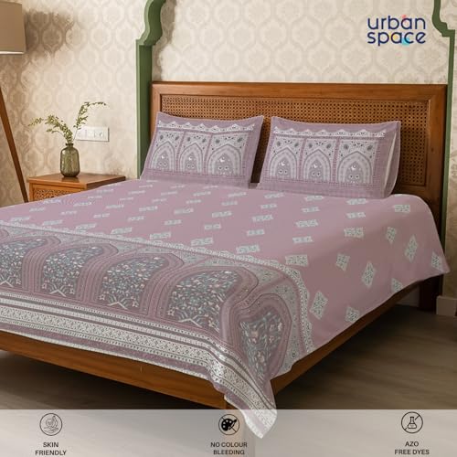 Image of Urban Space Regal 300 TC 100% Cotton Bedsheet for Double Bed, Panel Design Bedsheet, Printed Queen Size Bed Sheet with 2 Pillow Covers (90 x 108 Inches, Jharokha Mauve)