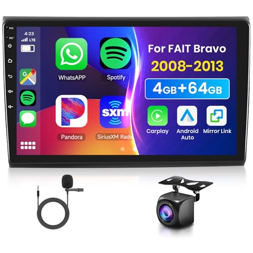 4G y 64G Podofo 9' Radio Coche para Fiat Bravo 2008-2013 con Carplay,Android Auto inalámbrico,Mirror Link,Pantalla táctil,Bluetooth,DSP/RDS/FM,WiFi Navi/AHD,cámara Trasera