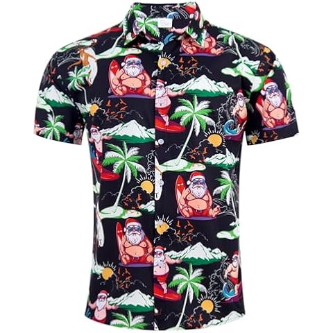 uideazone Men's Christmas Shirts Santa Claus Party Tropical Hawaiian Shirt for Caribbean Coast Party Cover
