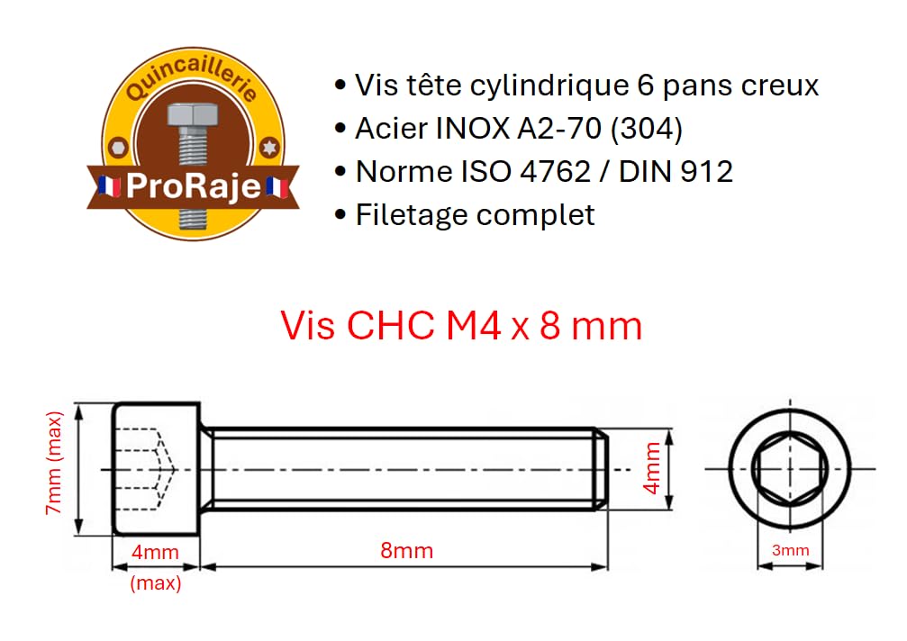 Screws Stainless Steel M4 x 8 mm Cylinder Head BTR Diameter 4 x 8 mm CHC Hexagon Socket (Allen Key) Stainless Steel A2-70 (V2A/304) ISO 4762 / DIN 912: Pack of 20 ProRaje - Image 3