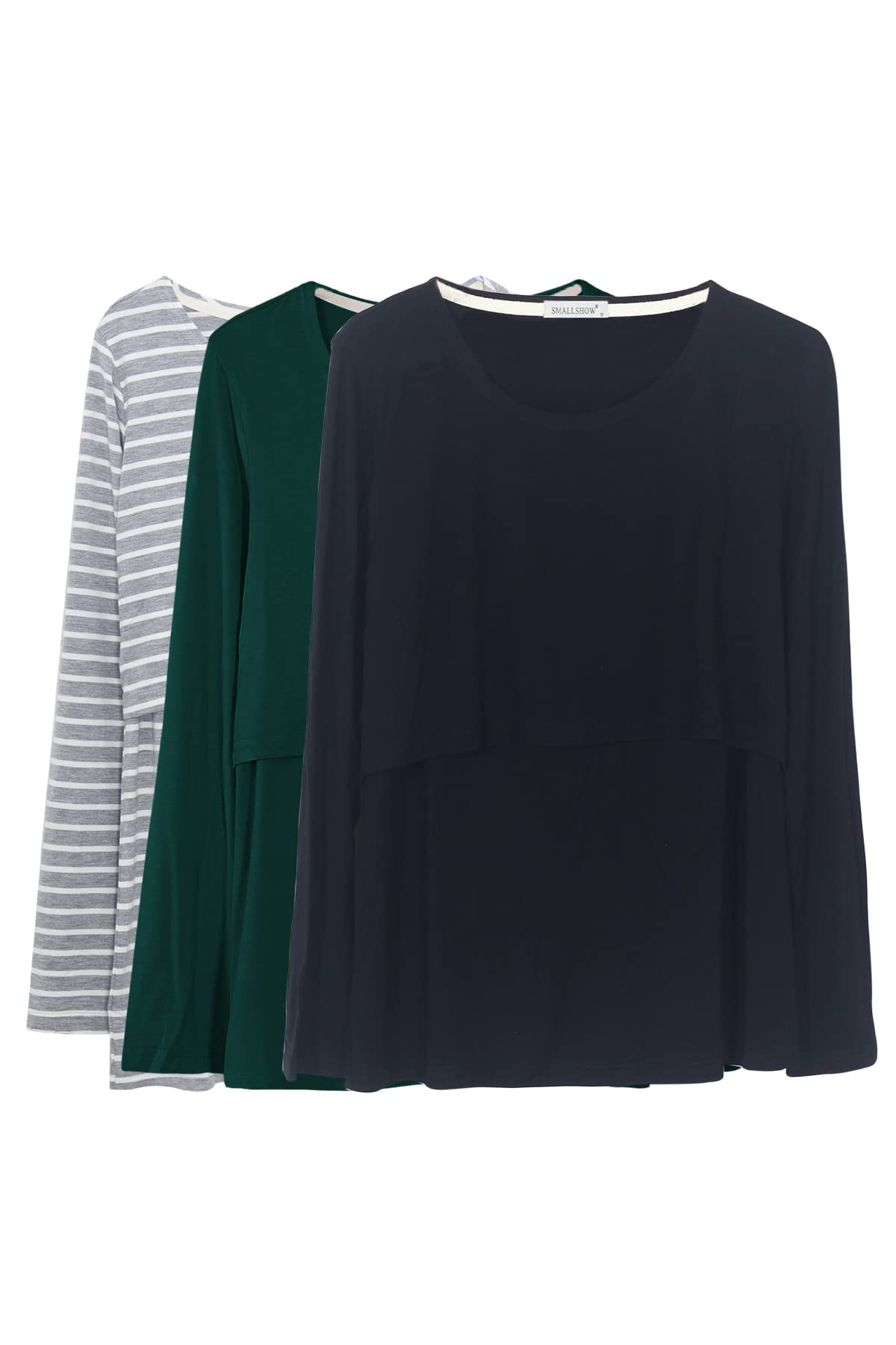 Smallshow Camicie da donna a maniche lunghe per allattamento al seno, 3 pezzi, Nero-profondo verde-chiaro grigio a righe, L