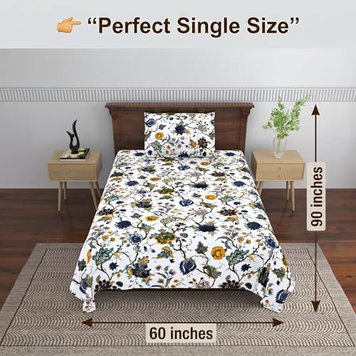 Image of Mafatlal Saanjh 144 TC Pure Cotton Single Bedding Set 90x60 Inch | Floral Artwork Design | Smooth Texture Finish | Lightweight Air Circulation | Hand Crafted | Pillowcase Included | Multihued