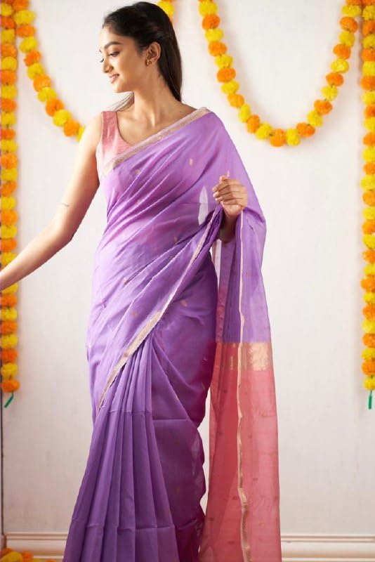 Image of Flosive inchLAVENDER Banarasi Jacquard Cotton Saree with Rich Golden Weaving and Designer Pallu inch