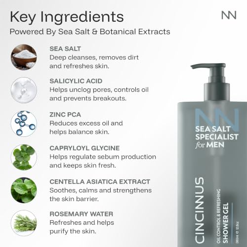 Image of Cincinnus Oil Control Refreshing Shower Gel Body Wash for Men 380ml | Deep Cleansing with Sea Salt, Centella & Salicylic Acid | Controls Excess Oil & Refreshes Skin | Shower Gel for Men