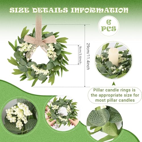 Image of 6 Pcs Green Artificial Eucalyptus Candle Rings Wreaths Mini Green Summer Kitchen Cabinet Wreath Table Centerpieces with White Berry for Pillars Farmhouse Porch Front Door Wedding Decor