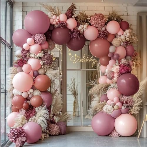 Image of Dusty Rose Pink Balloon Garland Arch - Double Stuffed Dark Pink Balloons For Valentines Birthday Baby Shower Boho Bridal Shower Wedding Party Decorations
