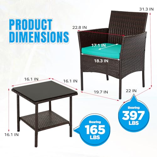 Image of FDW 3-Piece Patio Furniture Set | Brown & Blue | Outdoor Wicker Furniture