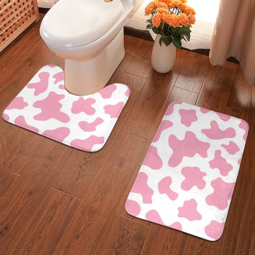PUYWTIY Soft Bath Rug Set 2 Piece Set, Cute Cow Print Pink Bathroom Mat and U-Shaped Toilet Rug, Super Absorbent Shower Floor Mat with Non Slip Backing