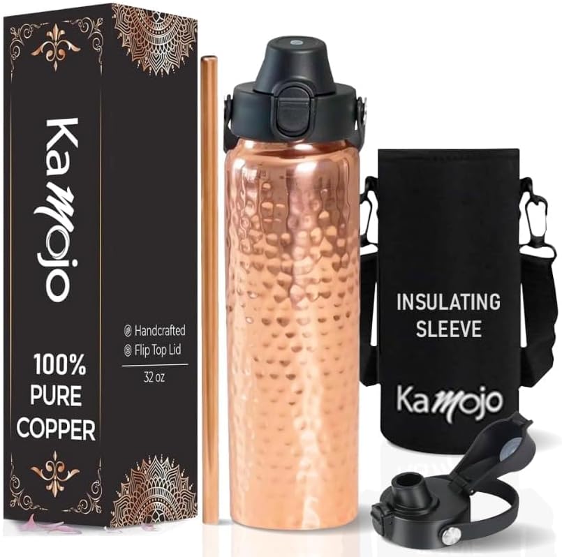 Kamojo Pure Copper Water Bottle for Drinking - Push Button Lid, Removable Insulating Sleeve & Straw - Hammered Handcrafted 32 fl oz Ayurvedic Cup for Water