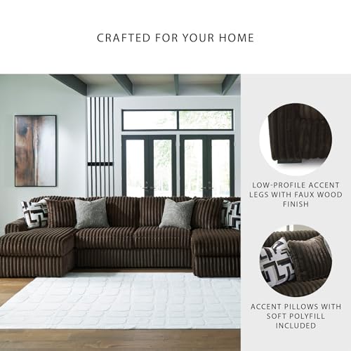 Image of Signature Design by Ashley Midnight-Madness Sectional, U-Shape 3-Piece Double Chaise, Plush Jumbo Corduroy Upholstery, Oversized Lounging for Family Movie Nights, 150 inch W, Chocolate Brown