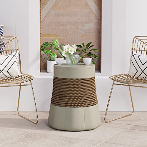 Cosiest Outdoor Side Table, Round Shaped Mgo Patio End Table, Lightweight Concrete Accent Side Table W Hemp Rope Decor, Vintage Plant Stand For Garden And Patio, Sand Grey #TOP3
