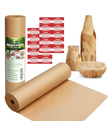 Honeycomb Packing Paper 30cm x 30m for Moving Products & Gifts Recyclable and Biodegradable Kraft Paper Cushioning Material with 10 Fragile Sticker Labels