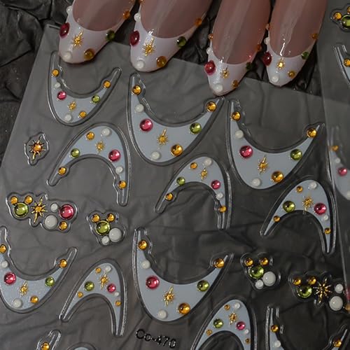 Image of White French Tip Nail Stickers Colorful Nail Decals with Star Design Rhinestone Nails Art Sticker 5d Self Adhesive Nails Stickers for Women Girls Supply Manicure Charms Nails Art Decals