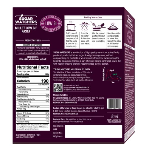 Image of Sugar Watchers Low GI Millet Pasta, No Maida, Macaroni, Diabetic Friendly (Pack of 2)