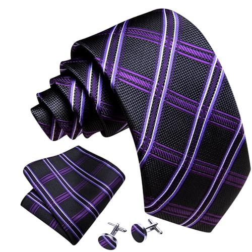 Image of YOHOWA Men Plaid /Striped Ties Set Silk Business Wedding Formal Fashion Necktie and Pocket Square Cufflinks Set